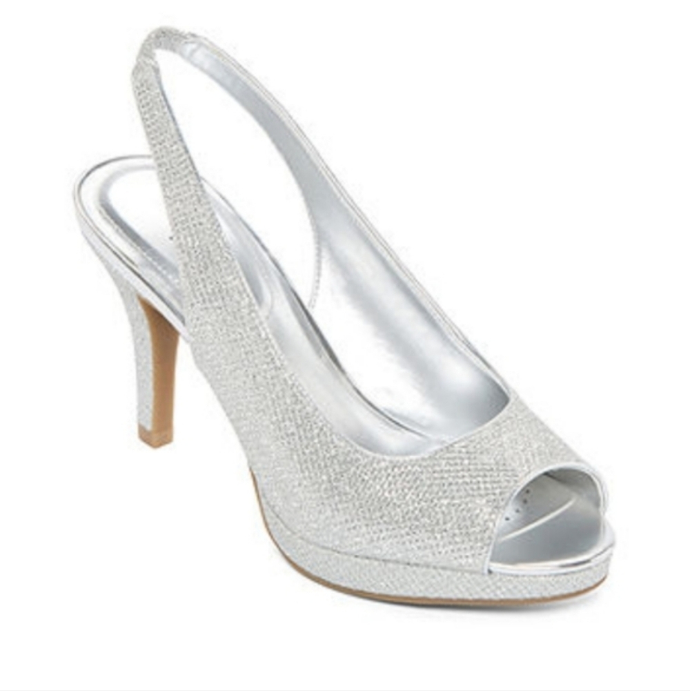 Worthington Dayne Sparkly Silver Slingback Heels Peep Toe Size 10